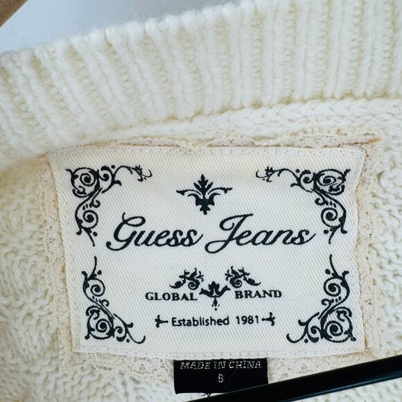 Guess Jeans Y2K Cream Crochet Knit Sweater Small Deep V-Neck Long Sleeve Retro - Picture 3 of 7